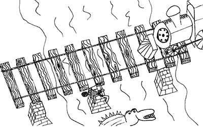 A boy clings to a pillar a a train barrels down the track above and wild animals swim in the river below.